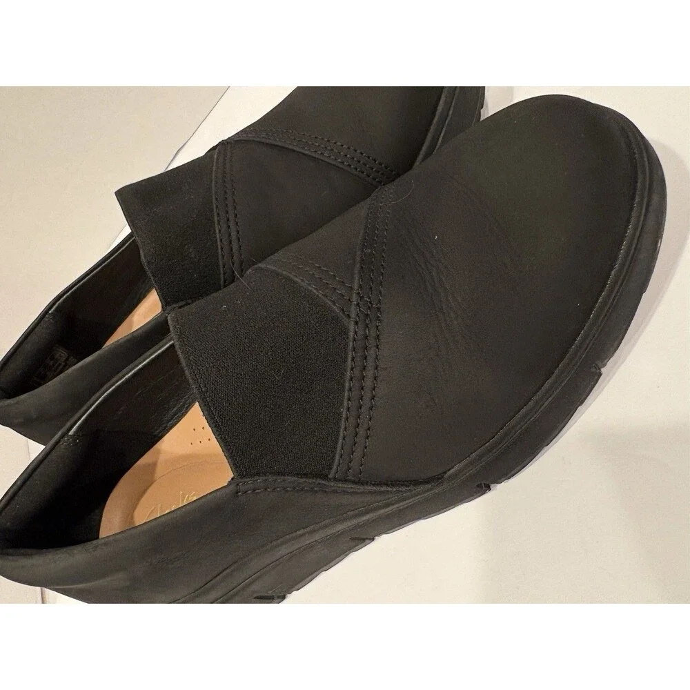 Clarks Loriini West Black Nubuck Platform Wedge Loafers Slip On Women’s 7.5
